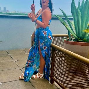 Bohemian Floral Printed 2 Piece- Crop Cami Top & Split Beach Party Maxi Dress